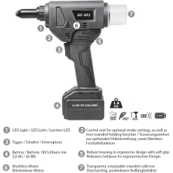 Akku Nieter Blindnietgerät | Nietgerät | GO-BR1 Akku-Blindnietsetzwerkzeug mit bürstenlosem Motor 18V ohne Akku, inkl. Koffer und Zubehör Arbeitsbereich ø 3,0 - 5,0 mm alle Materialien