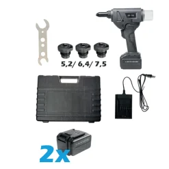 Akku Nieter Blindnietgerät | Nietgerät | GO-TR1 Presslaschen Blindnieten Setzwerkzeug mit bürstenlosem Motor 18V inkl. 2 Akku, Koffer und Zubehör Arbeitsbereich für Preßlaschen-Blindniete ø 5,2 / 6,4 / 7,5 mm Aluminium