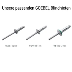 Akku Nieter Blindnietgerät | Nietgerät | GO-TR1 Presslaschen Blindnieten Setzwerkzeug mit bürstenlosem Motor 18V inkl. 2 Akku, Koffer und Zubehör Arbeitsbereich für Preßlaschen-Blindniete ø 5,2 / 6,4 / 7,5 mm Aluminium