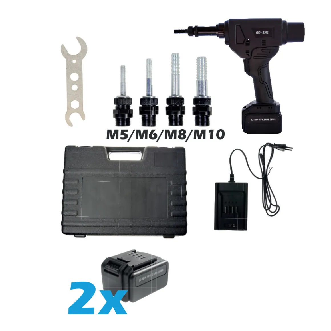 Akku Spreiz Blindnietmuttern Setzwerkzeug Setzgerät GO-SN1 mit bürstemlosem Motor 18V inkl. 2 Akku, Koffer und Zubehör mit Arbeitsbereich M5 / M6 / M8 / M10 alle Materialien