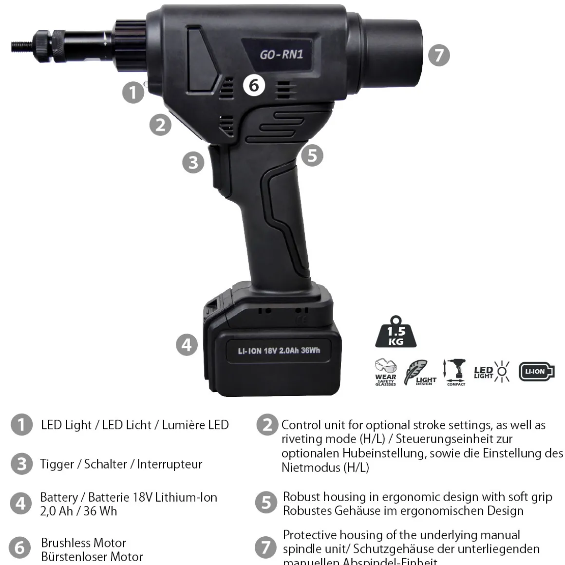 Akku Tool GO-RN1 Akku Blindnietmuttern- & Schrauben Setzwerkzeug mit bürstemlosem Motor 18V ohne Akku, inkl. Koffer und Zubehör mit Arbeitsbereich M3 - M8 mm alle Materialien