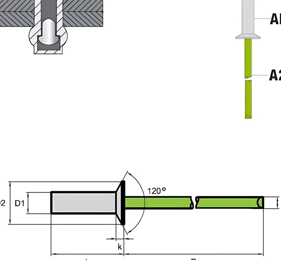 Becher-Blindnieten Aluminium/Edelstahl A2 (Ø x L) 4,8 x 17,0 mm mit Senkkopf - Dicht-Becherblindniete - Becher-Blindniete - Dichtblindniete - Bechernieten - Dichtnieten - CUP