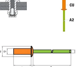 Becher-Blindnieten Kupfer/Edelstahl A2 (Ø x L) 4,0 x 8,0 mm mit Flachkopf - Dicht-Becherblindniete - Becher-Blindniete - Dichtblindniete - Bechernieten - Dichtnieten - CUP
