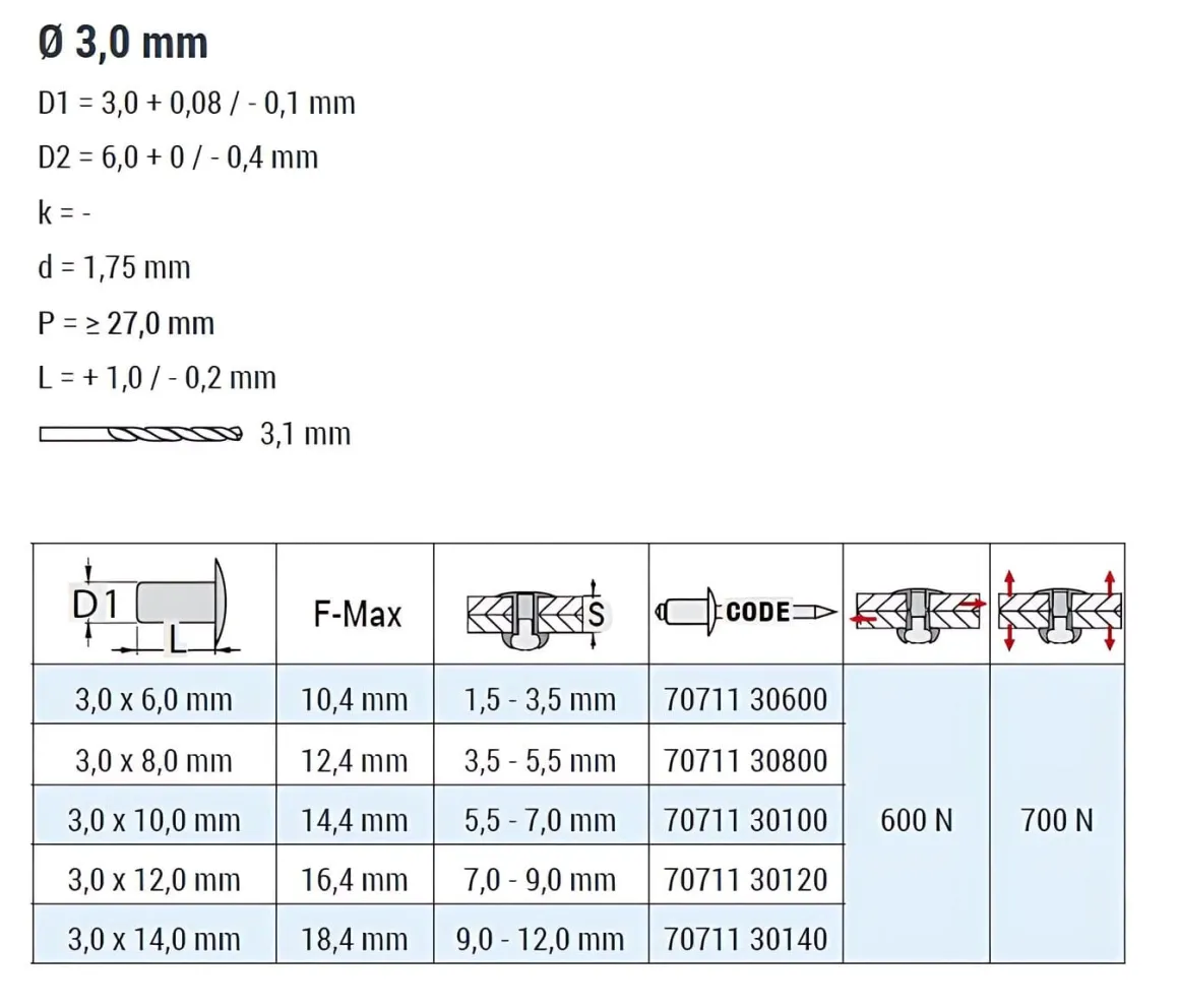 Blindnieten Aluminium/Stahl (Ø x L) 3,0 x 8,0 mm mit Senkkopf ISO15978 - Senkkopf Niete - Popniete - STANDARD
