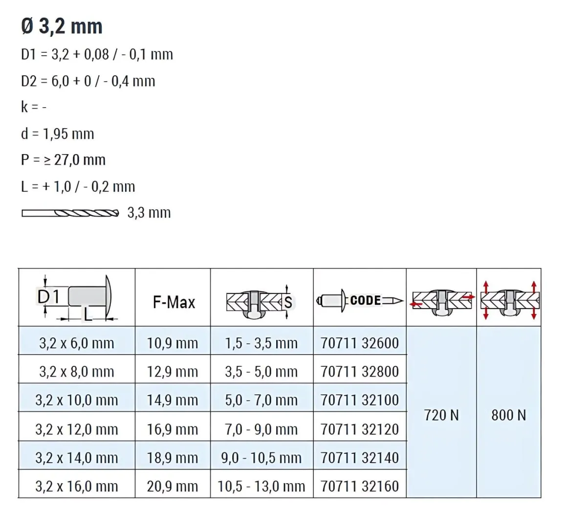 Blindnieten Aluminium/Stahl (Ø x L) 3,2 x 14,0 mm mit Senkkopf ISO15978 - Senkkopf Niete - Popniete - STANDARD