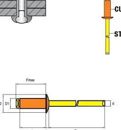 Blindnieten Kupfer Legierung/Stahl (Ø x L) 3,0 x 10,0 mm mit Flachkopf ISO16582 - Flachkopf Niete - Popniete - STANDARD