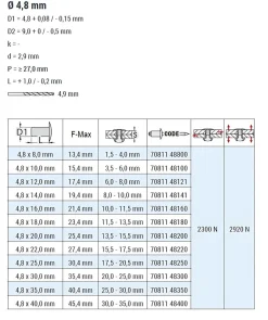 Blindnieten Stahl/Stahl (Ø x L) 4,8 x 22,0 mm mit Senkkopf ISO15980 - Senkkopf Niete - Popniete - STANDARD