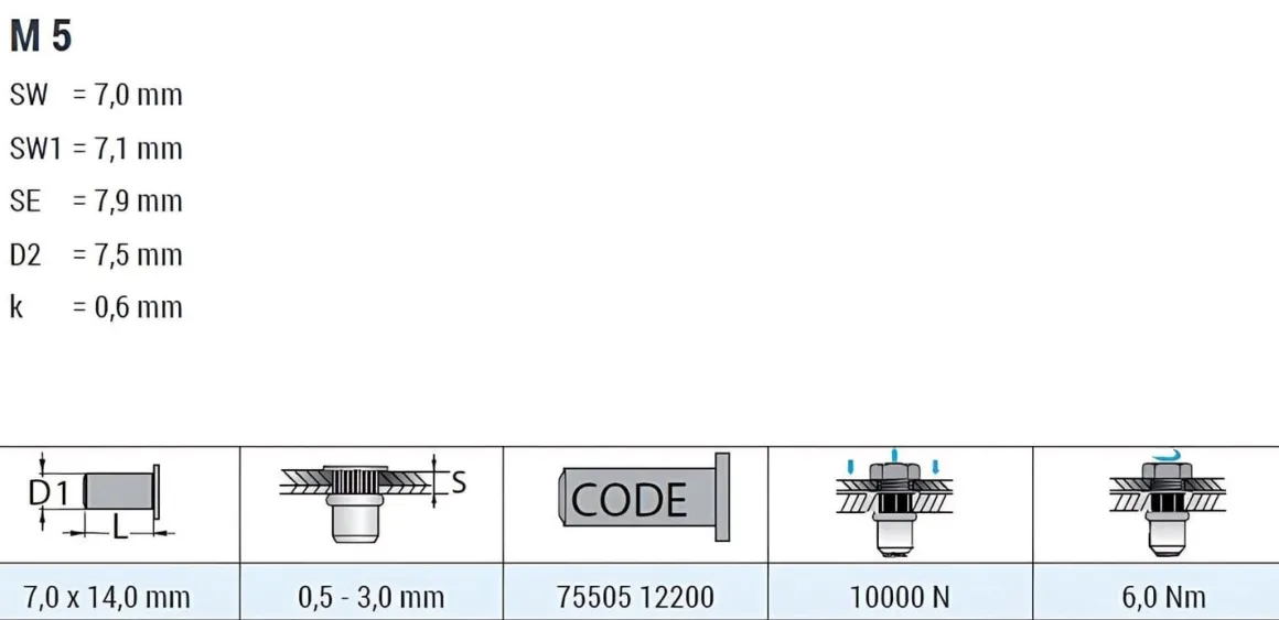 Blindnietmutter - Nietmutter - M5 Edelstahl A2 (Ø x L) 7,0 mm x 14,0 mm kleiner Senkkopf Teilsechskantschaft Schaftende offen - Einziehmutter, Einnietmuttern - GO-NUT