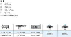 Blindnietmutter - Nietmutter - M8 Stahl verzinkt (Ø x L) 10,9 mm x 18,0 mm kleiner Senkkopf Rundschaft gerändelt mit Unterkopfverzahnung Schaftende offen Einziehmutter Einnietmuttern - GO-NUT