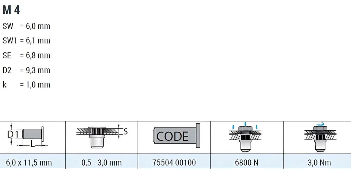 Blindnietmutter - Nietmutter - M4 Stahl verzinkt (Ø x L) 6,0 mm x 11,5 mm Flachkopf Sechskantschaft Schaftende offen - Einziehmutter, Einnietmuttern - GO-NUT