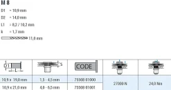 Blindnietmutter - Nietmutter - M8 Stahl verzinkt (Ø x L) 10,9 mm x 19,0 mm Senkkopf Rundschaft gerändelt mit Unterkopfverzahnung Schaftende offen Einziehmutter Einnietmuttern - GO-NUT