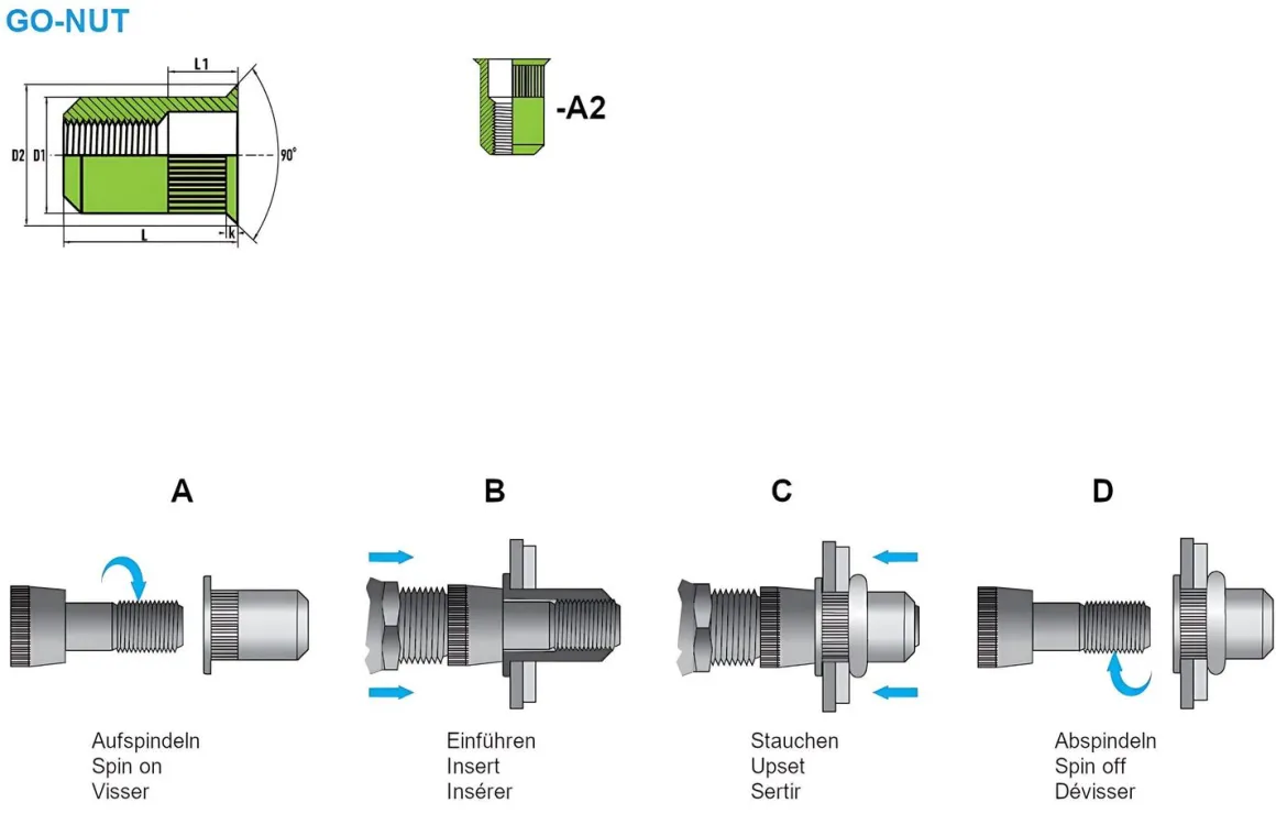 Blindnietmutter - Nietmutter - M5 Edelstahl A2 (Ø x L) 6,9 mm x 11,5 mm kleiner Senkkopf Rundschaft gerändelt mit Unterkopfverzahnung Schaftende offen - Einziehmutter, Einnietmuttern - GO-NUT