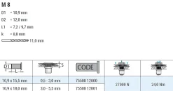 Blindnietmutter - Nietmutter - M8 Edelstahl A2 (Ø x L) 10,9 mm x 15,5 mm kleiner Senkkopf Rundschaft gerändelt mit Unterkopfverzahnung Schaftende offen Einziehmutter Einnietmuttern - GO-NUT