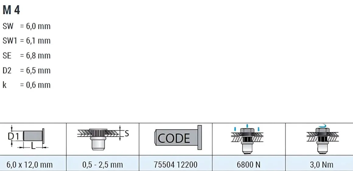 Blindnietmutter - Nietmutter - M4 Edelstahl A2 (Ø x L) 6,0 mm x 12,0 mm kleiner Senkkopf Teilsechskantschaft Schaftende offen - Einziehmutter, Einnietmuttern - GO-NUT
