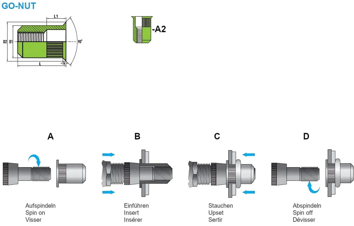 Blindnietmutter - Nietmutter - M4 Edelstahl V2A / A2 Senkkopf (Ø xL ) 5,9 x 11,5 mm Rundschaft gerändelt mit Unterkopfverzahnung Schaftende offen - Einziehmutter, Einnietmuttern - GO-NUT