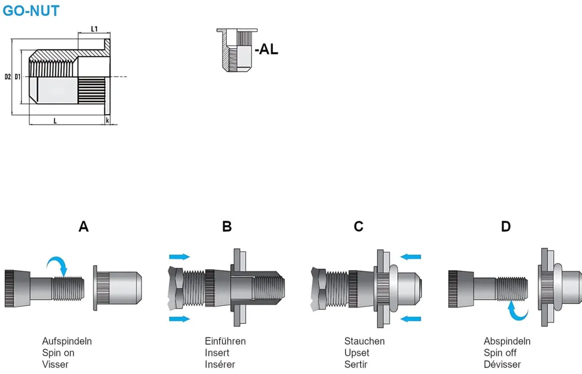 Blindnietmutter - Nietmutter - M5 Aluminium (Ø x L) 6,9 mm x 15,0 mm Flachkopf Rundschaft gerändelt mit Unterkopfverzahnung Schaftende offen - Einziehmutter, Einnietmuttern - GO-NUT