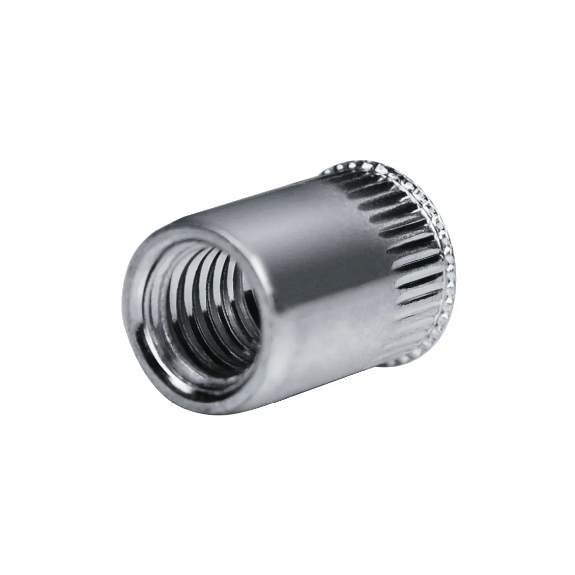 Blindnietmutter - Nietmutter - M5 Edelstahl A2 (Ø x L) 6,9 mm x 13,0 mm kleiner Senkkopf Rundschaft gerändelt mit Unterkopfverzahnung Schaftende offen - Einziehmutter, Einnietmuttern - GO-NUT