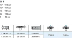 Blindnietmutter - Nietmutter - M8 Stahl verzinkt (Ø x L) 11,0 mm x 21,0 mm kleiner Senkkopf Sechskantschaft Schaftende offen Einziehmutter Einnietmuttern - GO-NUT
