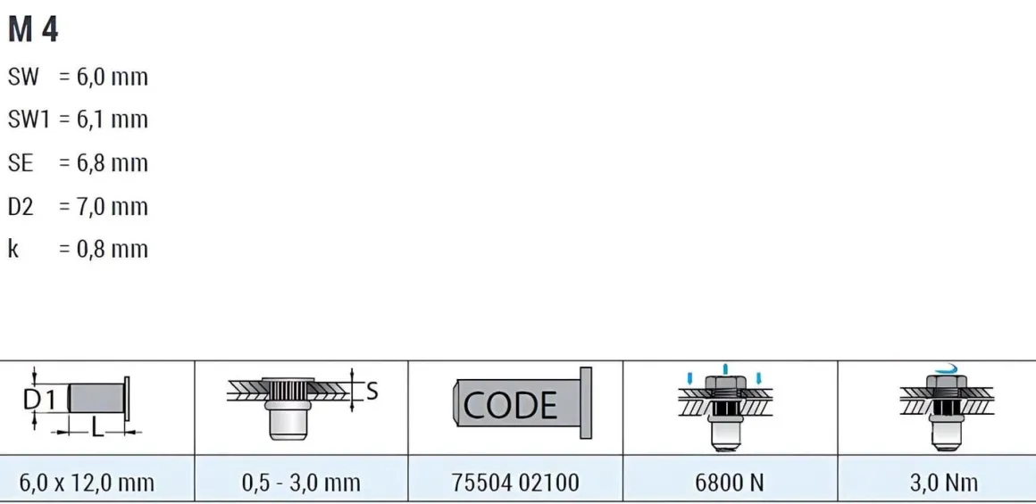 Blindnietmutter - Nietmutter - M4 Stahl verzinkt (Ø x L) 6,0 mm x 12,0 mm kleiner Senkkopf Sechskantschaft Schaftende offen - Einziehmutter, Einnietmuttern - GO-NUT