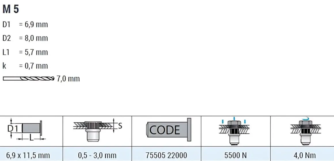 Blindnietmutter - Nietmutter - M5 Aluminium (Ø x L) 6,9 mm x 11,5 mm kleiner Senkkopf Rundschaft gerändelt mit Unterkopfverzahnung Schaftende offen - Einziehmutter, Einnietmuttern - GO-NUT