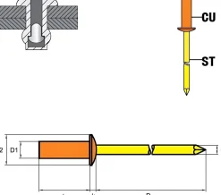 Dicht-Becherblindnieten Kupfer/Stahl (Ø x L) 4,8 x 9,5 mm mit Flachkopf - Dicht-Becherblindniete - Becher-Blindniete - Dichtblindniete - Bechernieten - Dichtnieten - CUP