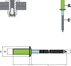 Dicht-Becherblindnieten mit gerilltem Nietdorn Edelstahl A2/Edelstahl C1 (Ø x L) 4,0 x 16,0 mm mit Flachkopf ISO16585 - Becher-Blindniete - Dichtblindniete - Bechernieten - Dichtnieten - CUP