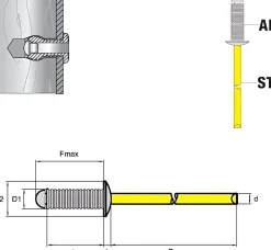 Gerillte Nieten Aluminium/Stahl (Ø x L) 4,8 x 8,0 mm mit Flachkopf - Gerillte Blindnieten - Niete - RILLI