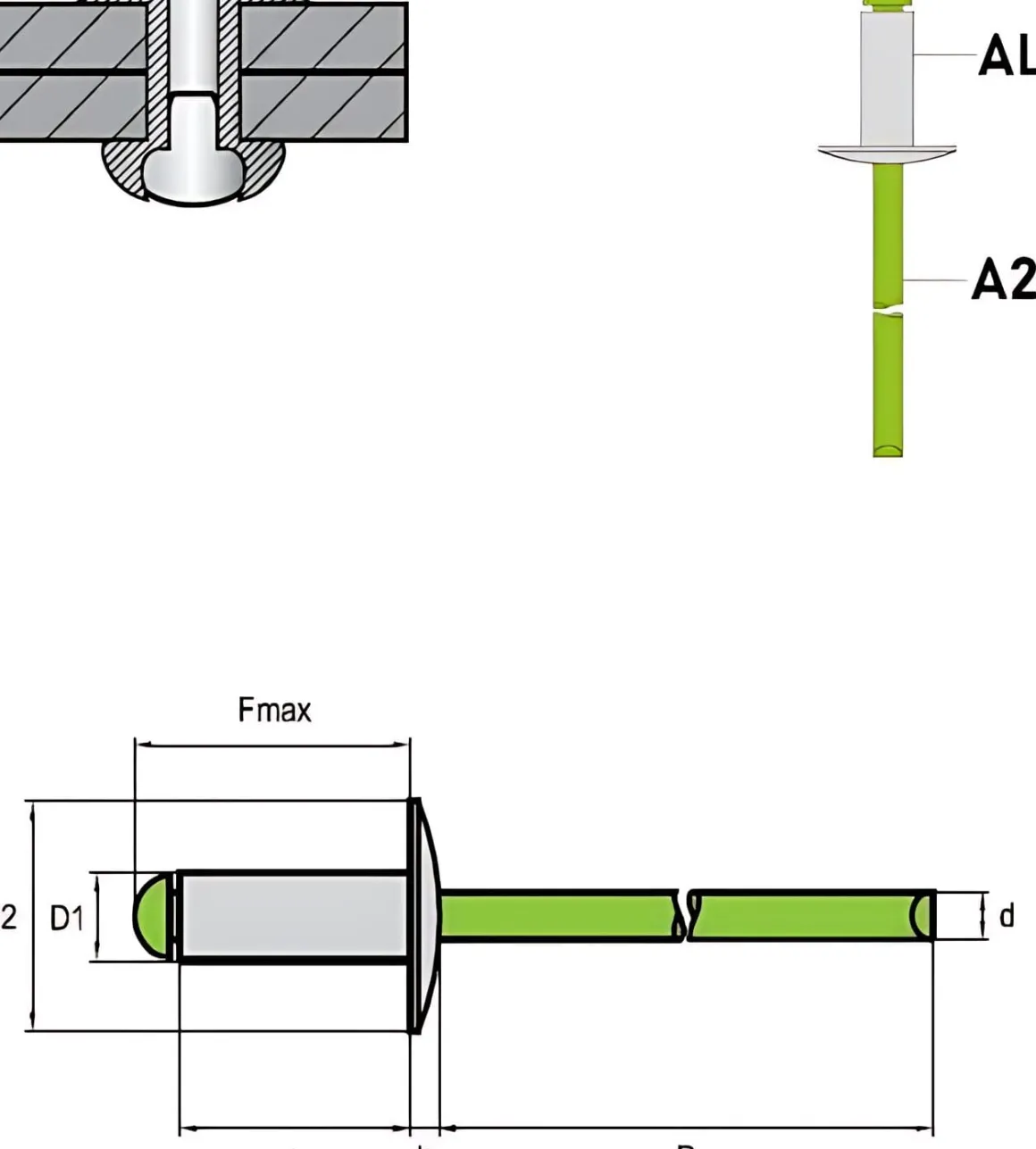 Großkopf Nieten Aluminium/Edelstahl A2 (Ø x L) 5,0 x 14,0 mm mit Großkopf - Großkopf Niete - Popniete - STANDARD