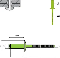 Großkopf Nieten mit gerilltem Nietdorn Edelstahl A2/Edelstahl A2 (Ø x L) 4,0 x 16,0 mm mit Großkopf - Großkopf Niete mit gerilltem Nietdorn - Popniete - STANDARD