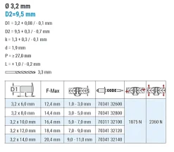 Großkopf Nieten mit gerilltem Nietdorn Edelstahl A2/Edelstahl A2 (Ø x L) 3,2 x 6,0 mm mit Großkopf - Großkopf Niete mit gerilltem Nietdorn - Popniete - STANDARD