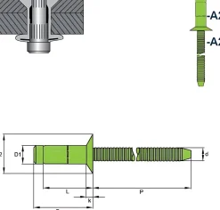 Hochfeste Blindnieten Edelstahl A2/Edelstahl A2 (Ø x L) 6,4 x 23,5 mm mit Senkkopf - Niete mit gerilltem Nietdorn - Hochfeste Nieten - PREMIUM-LOCK