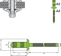 Hochfeste Blindnieten Edelstahl A2/Edelstahl A2 (Ø x L) 3,2 x 7,0 mm mit Flachkopf - Niete mit gerilltem Nietdorn - Hochfeste Nieten - GO-INOX II