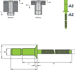 Hochfeste Blindnieten Edelstahl A2/Edelstahl A2 (Ø x L) 4,8 x 17,0 mm mit Senkkopf - Niete mit gerilltem Nietdorn - Hochfeste Nieten - GO-LOCK