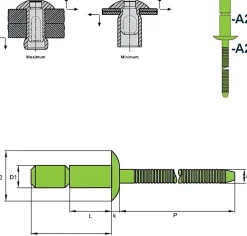 Hochfeste Blindnieten Edelstahl A2/Edelstahl A2 (Ø x L) 6,4 x 14,5 mm mit Flachkopf - Niete mit gerilltem Nietdorn - Hochfeste Nieten - GO-LOCK