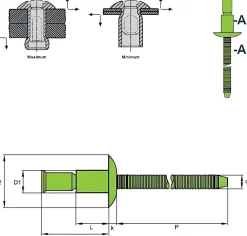 Hochfeste Blindnieten Edelstahl A2/Edelstahl A2 (Ø x L) 6,4 x 14,5 mm mit Flachkopf - Niete mit gerilltem Nietdorn - Hochfeste Nieten - M-LOCK