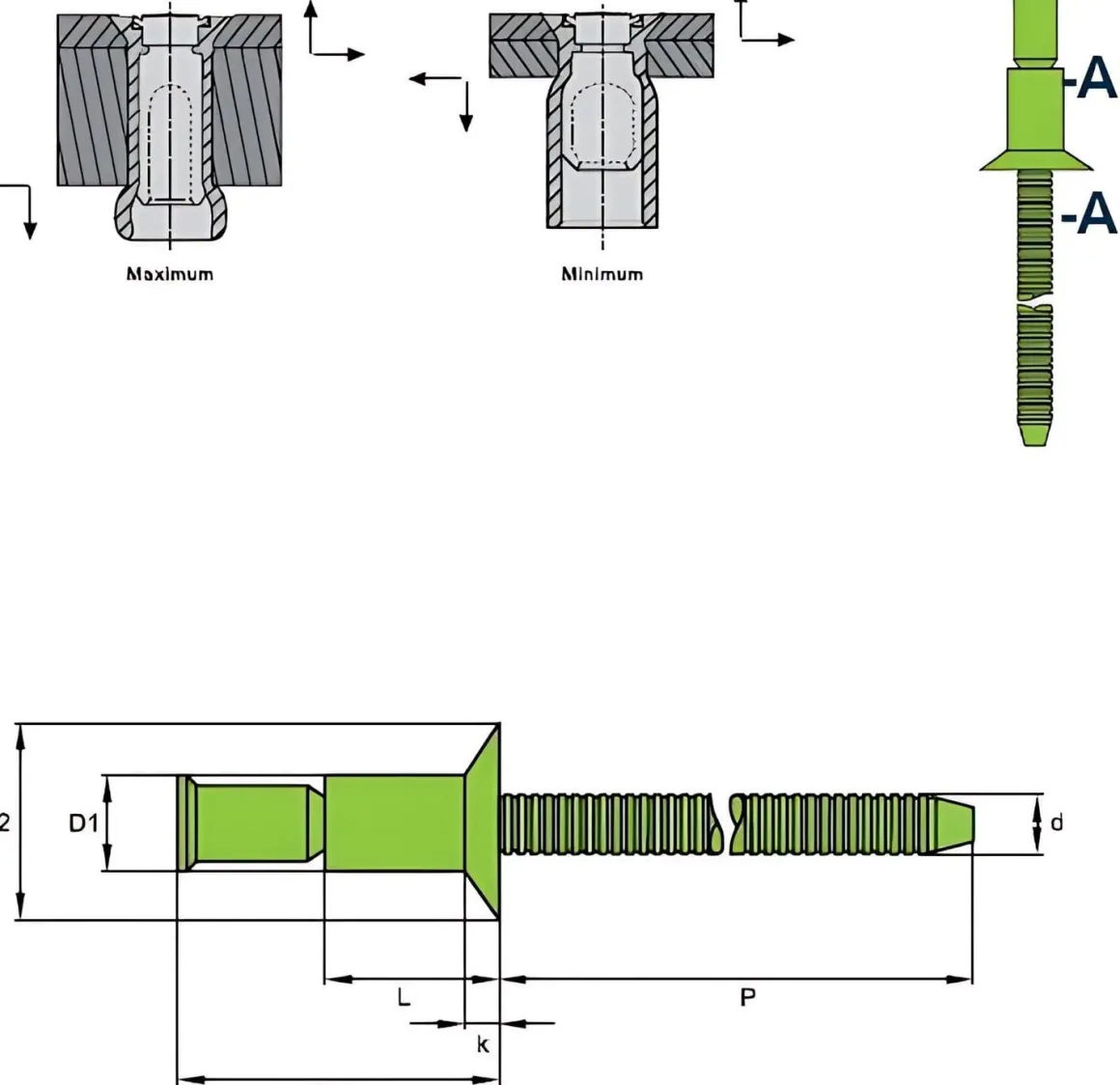 Hochfeste Blindnieten Edelstahl A2/Edelstahl A2 (Ø x L) 6,4 x 16,0 mm mit Senkkopf - Niete mit gerilltem Nietdorn - Hochfeste Nieten - M-LOCK