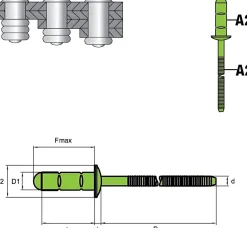 Mehrbereichsnieten gerillte Nietdorn Edelstahl A2/Edelstahl A2 (Ø x L) 4,0 x 12,0 mm Flachkopf - Flachkopf Niete - Mehrbereichsblindnieten - MULTI