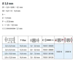 Senkkopf Nieten mit gerilltem Nietdorn Edelstahl A2/Edelstahl A2 (Ø x L) 3,0 x 10,0 mm mit Senkkopf ISO15984 - Senkkopf Niete mit gerilltem Nietdorn - Popniete - STANDARD