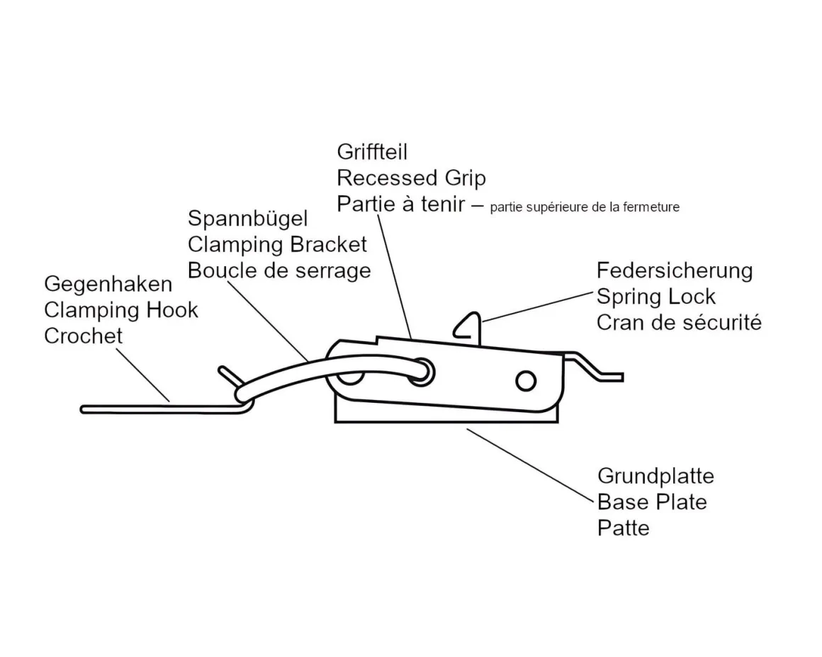 Spannverschluss Aluminium 0/40 II Kappenschloss mit gerade Grundtplatte und Gegenhaken - Kistenverschluss - Kofferverschluss - Hebel Verschluss