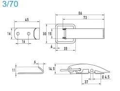 Spannverschluss Aluminium 3/70 schmales Kappenschloss mit gerader Grundtplatte und Gegenhaken - Kistenverschluss - Kofferverschluss - Hebel Verschluss