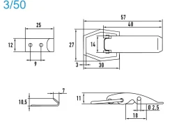 Spannverschluss Aluminium 3/50 schmales Kappenschloss mit gerader Grundtplatte und Gegenhaken - Kistenverschluss - Kofferverschluss - Hebel Verschluss