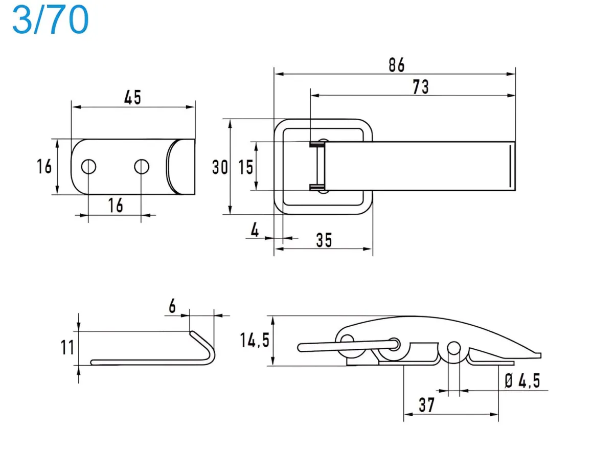 Spannverschluss Edelstahl A2 3/70 schmales Kappenschloss mit gerader Grundtplatte und Gegenhaken - Kistenverschluss - Kofferverschluss - Hebel Verschluss