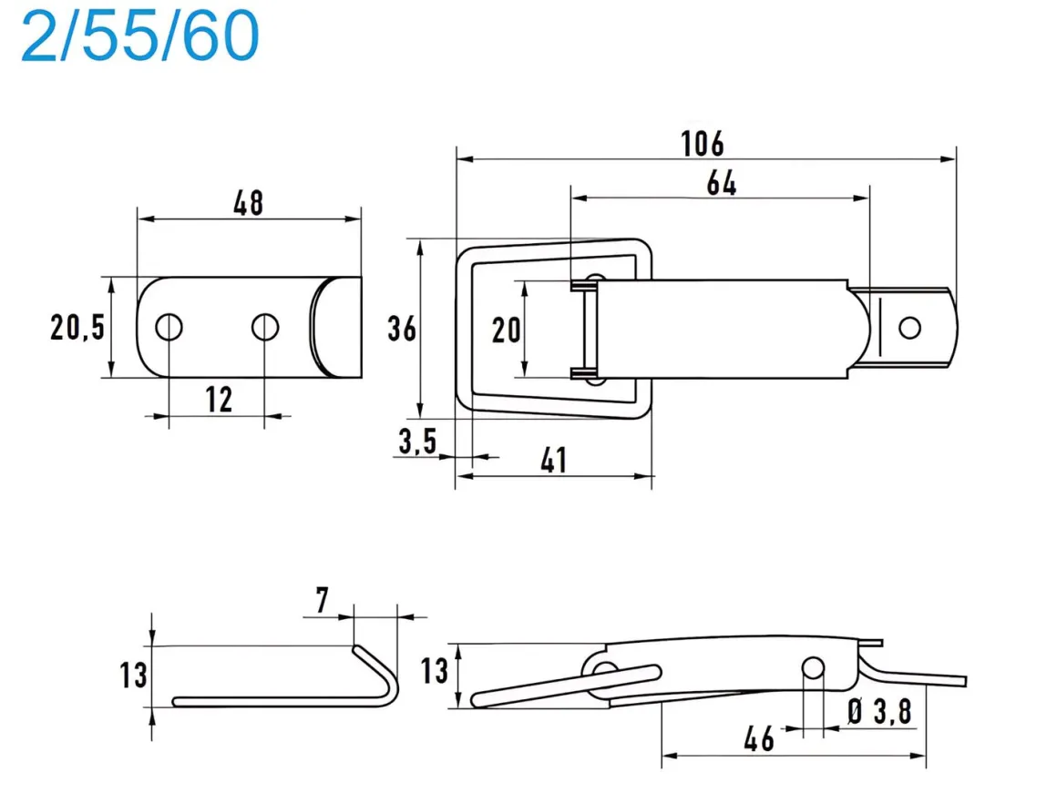 Spannverschluss Edelstahl A2 2/55/60 Standard Kappenschloss mit gewölbter Grundtplatte und Gegenhaken - Kistenverschluss - Kofferverschluss - Hebel Verschluss