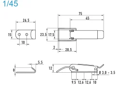 Spannverschluss Stahl verzinkt 1/45 Kappenschloss mit gerade Grundtplatte und Gegenhaken, selbstschliessend - Kistenverschluss - Kofferverschluss - Hebel Verschluss